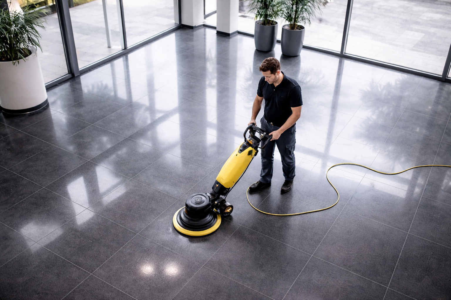 Reinigungskraft reinigt den Boden mit einer Maschine der Firma Cosyclean Reinigungsfirma in Berlin