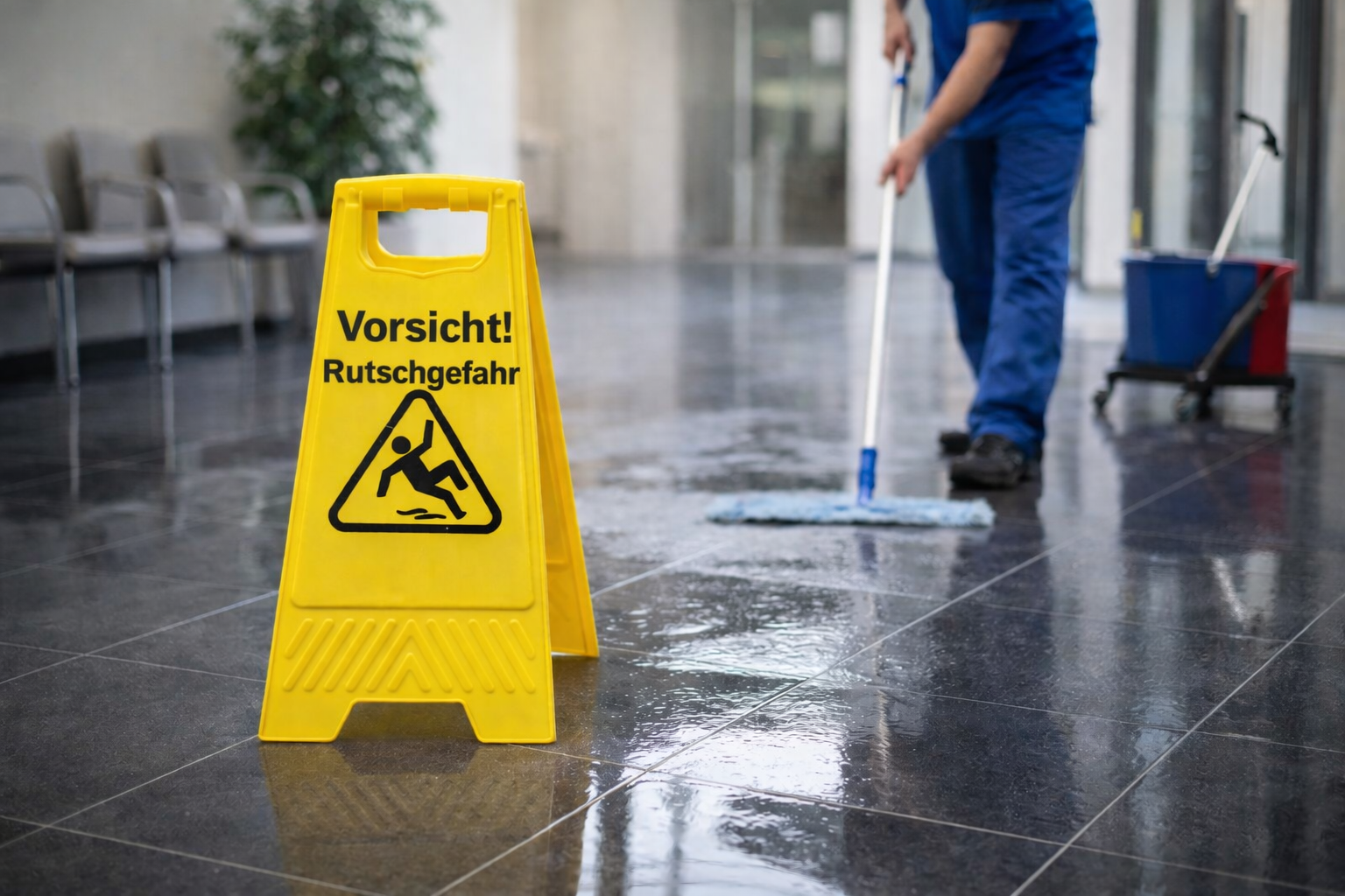 Vorsicht Rutschgefahr Schild beim wischen des Bodens