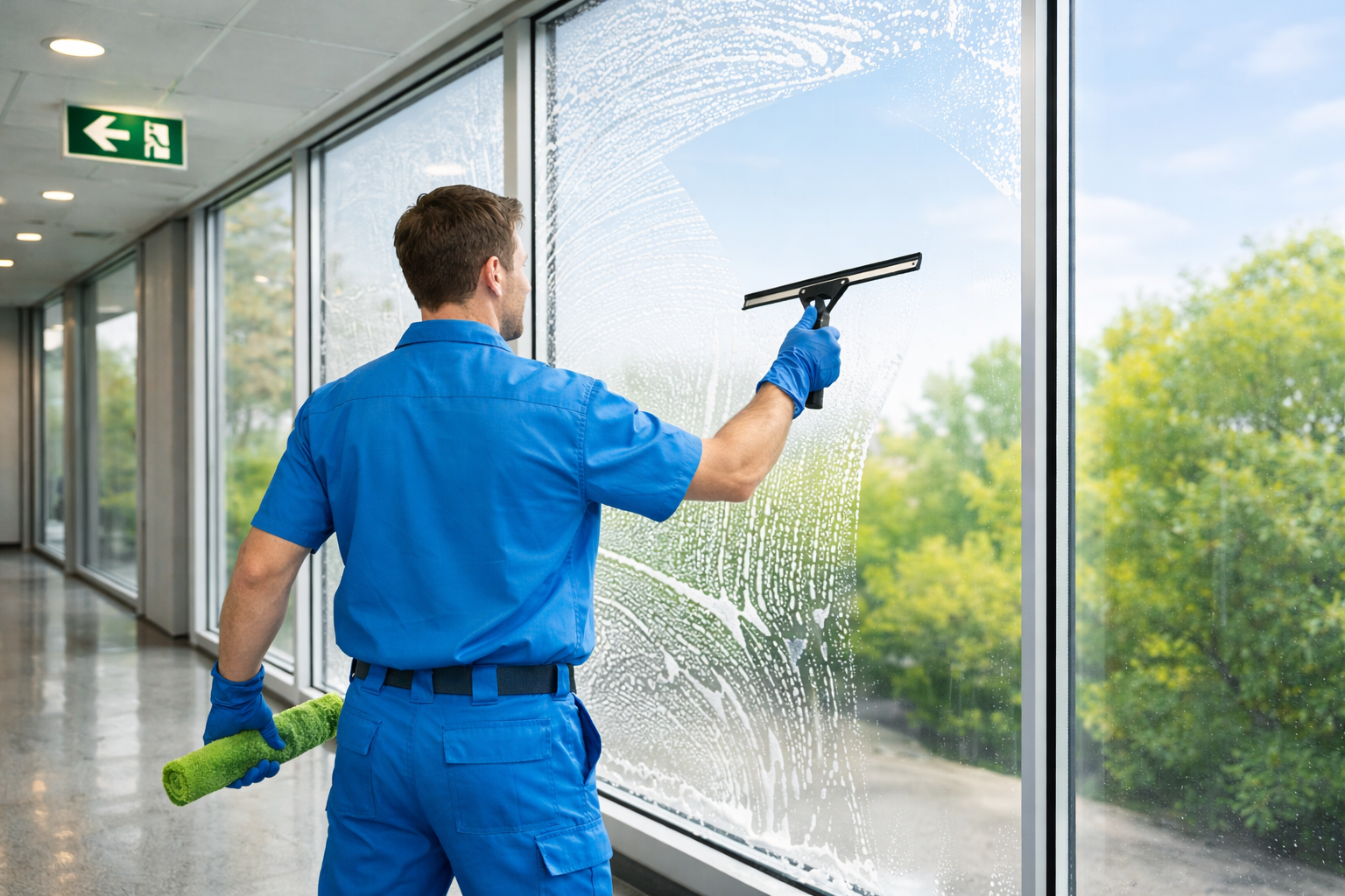 Fensterreiniger der Firma Cosy Clean beim putzen eines großen Fensters von innen in einem Bürogebäude in Berlin