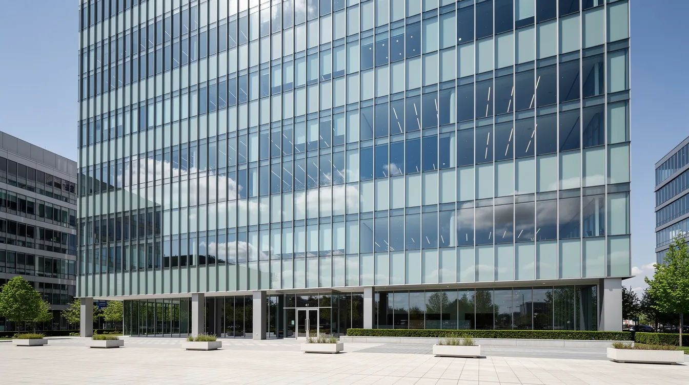 Das Bild zeigt ein modernes Bürogebäude mit großen Glasfassaden, deren saubere Fenster das Licht reflektieren und einen klaren Blick nach außen ermöglichen. Die professionelle Fensterreinigung sorgt für ein ansprechendes Erscheinungsbild und trägt zur Sauberkeit des Gebäudes in Berlin bei.