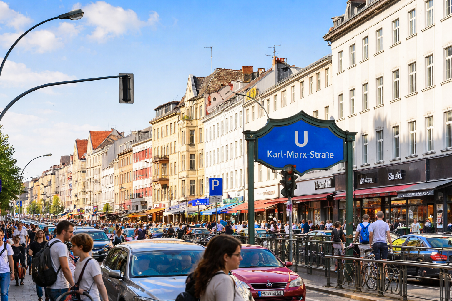 Das Bild zeigt die lebhafte Neuköllner Karl-Marx-Straße in Berlin.